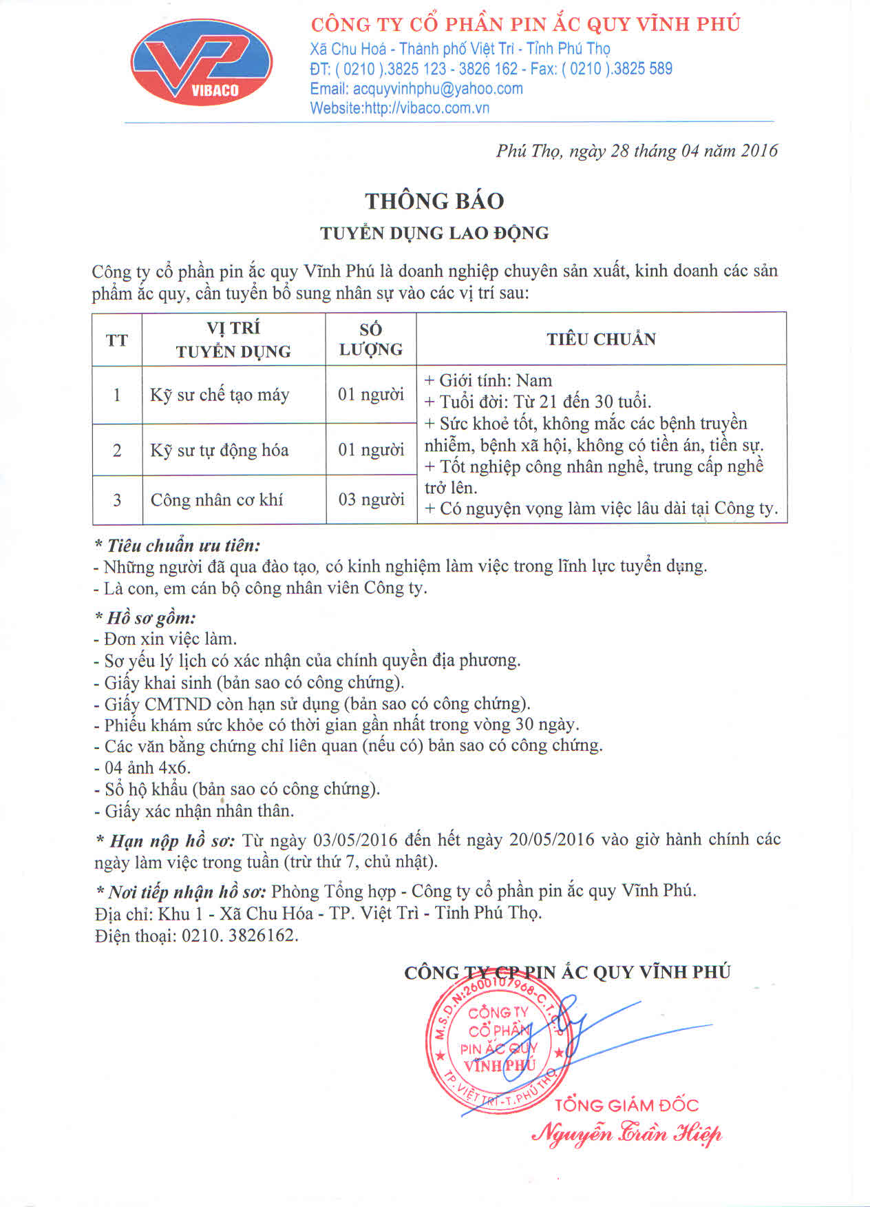 Thông báo tuyển dụng tháng 4 năm 2016