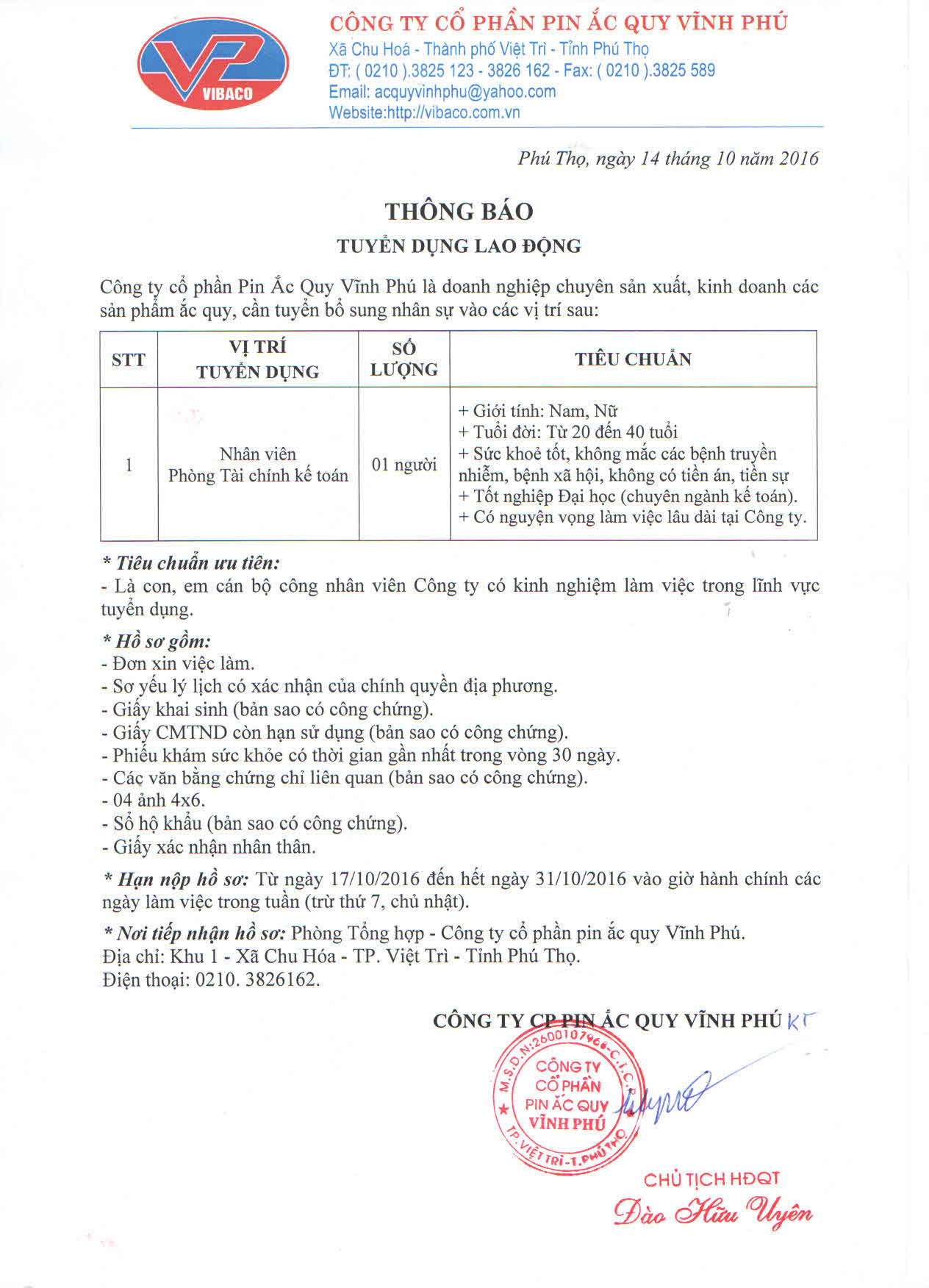 Thông báo tuyển dụng tháng 10/2016