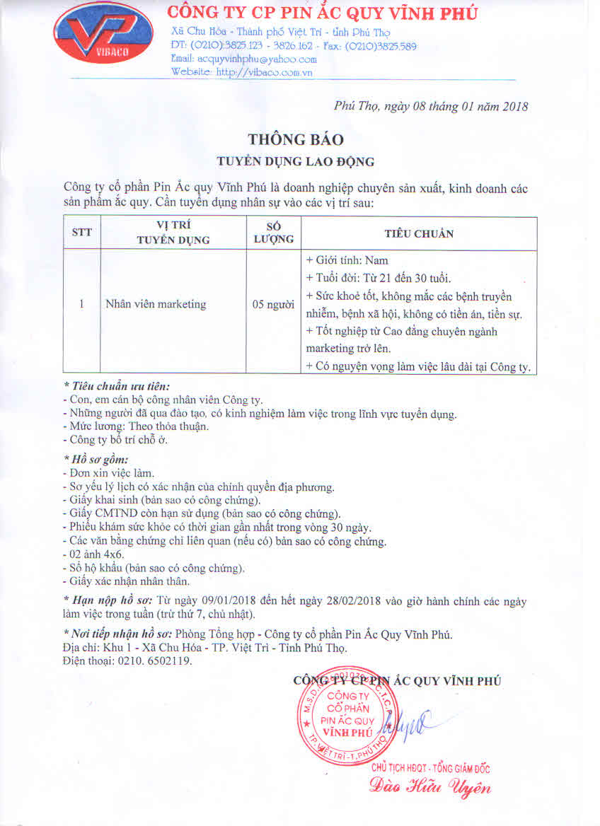 Tuyển dụng lao động tháng 01 năm 2018